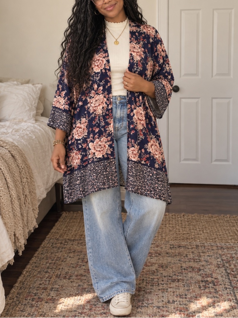 Floral Open-Front Navy Kimono Cardigan